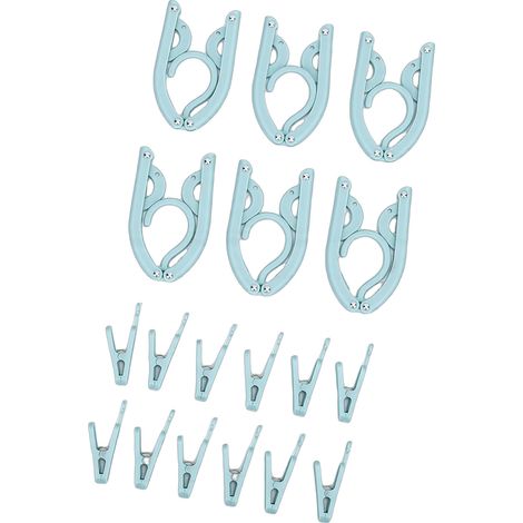 Lot de 6 cintres de voyage avec 12 pinces, en polypropylène pliable et portable, avec sac de rangement, idéal pour valise, camping, hôtel, camping-car (bleu). (1/5)
