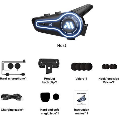 Écouteur Bluetooth pour casque moto A3 avec microphone rigide, étanche IP67, Bluetooth 5.4, batterie 1000 mAh, chargement USB-C pour les longs trajets et l'intercom