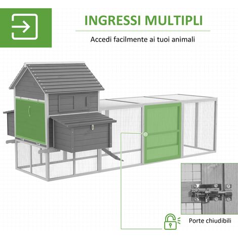 Gallinero exterior para gallinas ponedoras, con rampa y zona vallada, 310,5 x 149,5 x 149 cm, gris.
