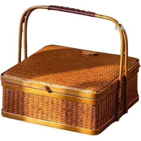 Panier à Provisions Vintage en Bambou Tressé-Carré avec Poignée- 22x22x9cm (1/5)
