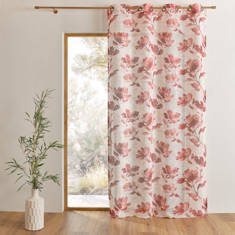 Voilage poly-lin imprimé à motif floral avec œillets Bordeaux 140x240 cm (1/3)