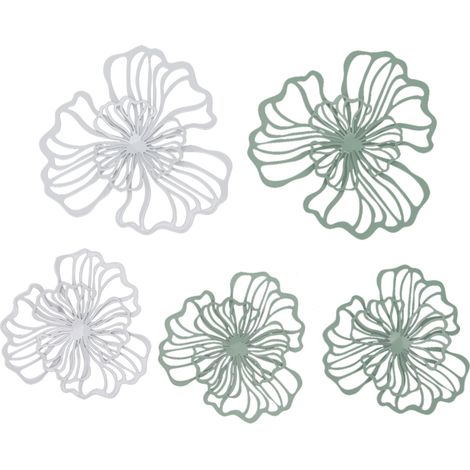 Lot de 5 décorations murales en métal représentant des fleurs, en fer blanc et vert, à deux niveaux et ajourées, pour salon ou bureau. (1/5)
