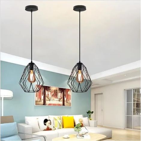 Lot de 2 Lampe Suspension Luminaire en Cage Salon Noir Lustre Plafonnier Industrielle Vintage Style Edison pour Salon Chambre (1/4)