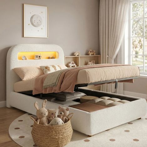 Bett 90x200 cm modern in weißem Bouclé mit LED-Kopfteil, hydraulischem Stauraum und Lattenrost