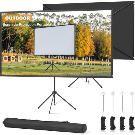 Écran de Projection Extérieur 90 Pouces 16:9, Écran de Projection avec Support, Gain Élevé, Résistant au Vent, Écran pour Projecteur, pour Jardin et Camping, Cordages et Piquets Inclus. (1/5)