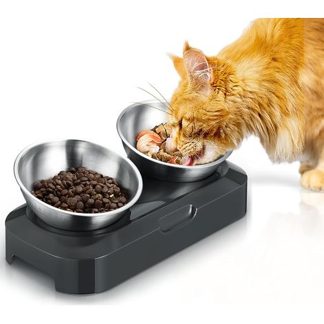 Gamelle surélevée en acier inoxydable pour chiens et chats, inclinée à 15°, pour l'eau et la nourriture des chats. Matériau de qualité alimentaire, antidérapant et anti-déversement. (1/5)