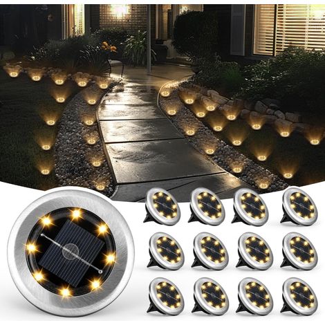 Lot de 12 lampes solaires encastrées au sol rondes, lumière chaude, cadre acier inoxydable, diamètre 7 cm (1/5)