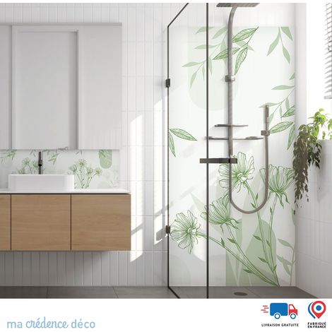 Panneau de douche : Fleurs graphiques - Couleur Vert jaune - Alu composite - 90 - 245 (1/3)