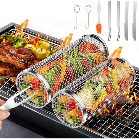 Panier Barbecue Rotatif 2 Pièces Acier Inoxydable 304 Cuisson Uniforme Légumes Poisson Extérieur Camping Jardin (1/5)