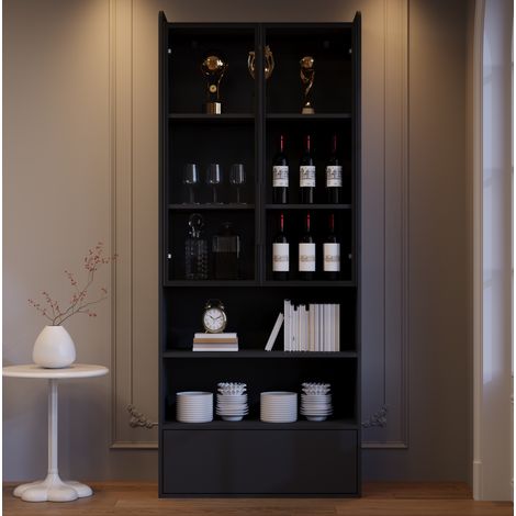 Vitrine haute noire 80 x 34 x 180 cm avec 1 tiroir et portes en verre LED (1/5)