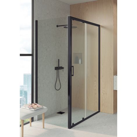 BATHME LONDON-3 Mampara Ducha Lateral Fijo+Frontal Corredera Negro Transparente - Medida: 68-70x128-130 cm - ref: BVF2NRF070X130
