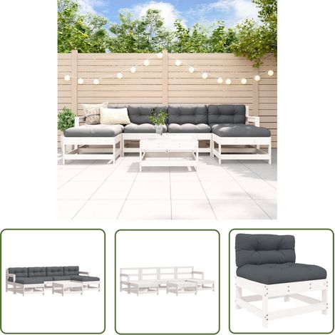 The Living Store Salon de jardin 7 pcs avec coussins blanc bois massif - Salon De Jardin - Mobilier De Jardin - Ensemble Salon - Meubles De Jardin - Bois Massif (1/5)