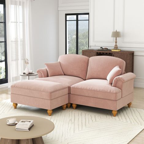 Modulares Mid-Century L-förmiges 2-Sitzer Sofa aus Chenille mit Trichter-Armlehnen, abnehmbarer Rüschenschürze, spindelförmigen Beinen & beweglichem Hocker – Tiefer Sitzkomfort fürs Wohnzimmer,rosa
W