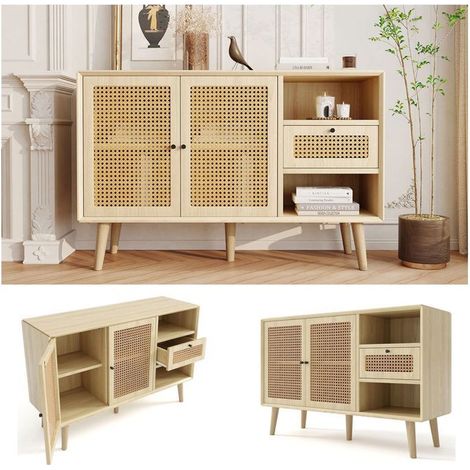 Buffet 120x40x80, 1 tiroir 2 portes buffet salon, étagères réglables, portes cannage rotin, finition chêne, pieds bois massif (1/5)