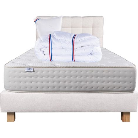 Ensemble Matelas Purlux, 26 cm, mousses haute densité, ferme, face été/hiver+sommier beige ep20cm+oreiller+couette+Tête de Lit, 90x190cm (1/5)