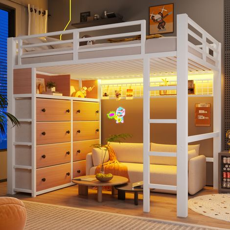 Lit mezzanine enfant 140x200 cm avec 8 tiroirs, LED, étagères, panneau perforé et grand rangement sous lit, MDF et métal, Blanc