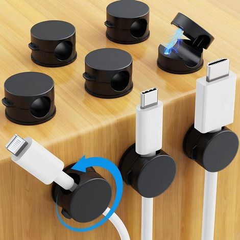 Juego de 10 organizadores magnéticos para cables, 22 x 22 x 15 mm, Adecuados para cables de hasta 7,5 mm, Giratorios, Autoadhesivos y ajustables (1/5)