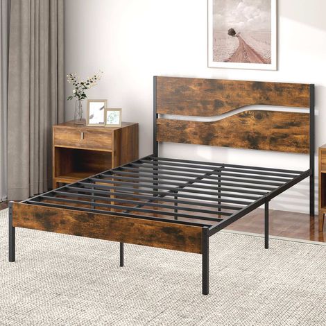 140x200cm Bed Frame with Metal Base Industrial Double Bed with Wooden Headboard Storage Space Rustic Brown (1/5)