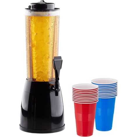 Relaxdays Beer Tower, 2.5 l, 20 Cups, Drinking Column with Cooling & Tap, Plastic, Party Beverage Dispenser, Colourful