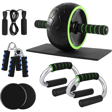 Roue Abdominale de Fitness et Musculation de Corp, Appareil d'Entraînement 6 en 1 avec Tapis Epais pour Genoux, Poignées de Pompe, disques de Glissement et Corde à Sauter-Fei Yu (1/4)