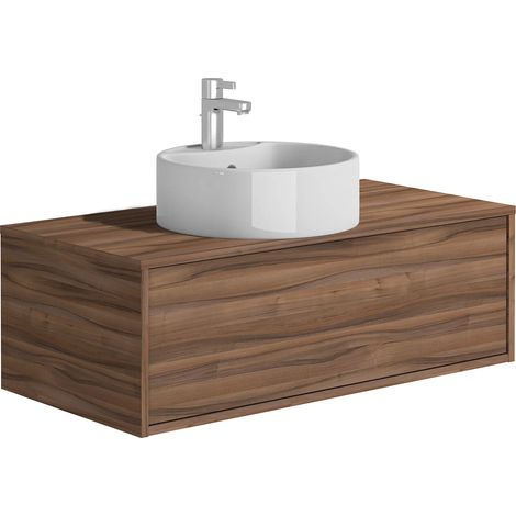 Mobile per bagno sospeso con lavabo singolo tondo 94 cm Naturale scuro - TEANA II (1/5)