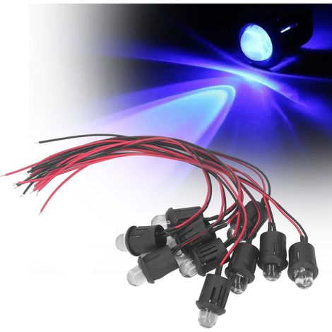 10 lampes LED 12V 10mm + fil étanche, ampoule LED transparente super lumineuse à courant constant, diode lumineuse, bleue. (1/5)