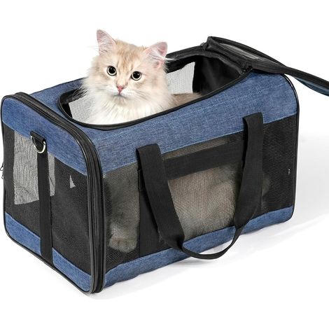 Bolsa transportadora para gatos/perros, apta para gatos, perros pequeños, gatitos o cachorros, suave y plegable, con relleno de felpa, apta para viajes en coche y tren, azul (48 x 30 x 30 cm) (1/5)