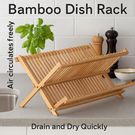 Bamboo Dish Rack for Kitchen Counter, Collapsible 2-Tier Wooden Drying Rack for Dishes, Plates, Cups, Utensils - Foldable (1/5)