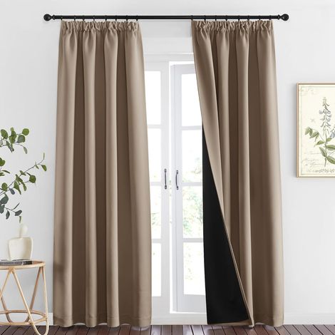 Blackout Curtains – Noise Insulation Curtain - Anti-Cold Heat Ruffle Tape - Heavy Fabric - Full Black, Taupe Brown, L 140 x H 245 cm, 2 Pieces (1/5)