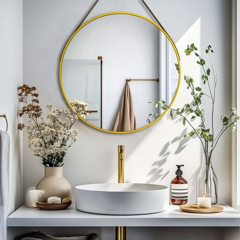 Gold Round Wall Mirror Bathroom Bedroom Makeup Dressing Leather Strap Hanging Mirror - 70cm (1/5)