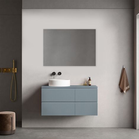 Mobile bagno sospeso cannettato reversibile  100 cm Blu Avio per Lavabo d'appoggio Specchio Quadro - Fiji Paint Top Canneté (1/4)