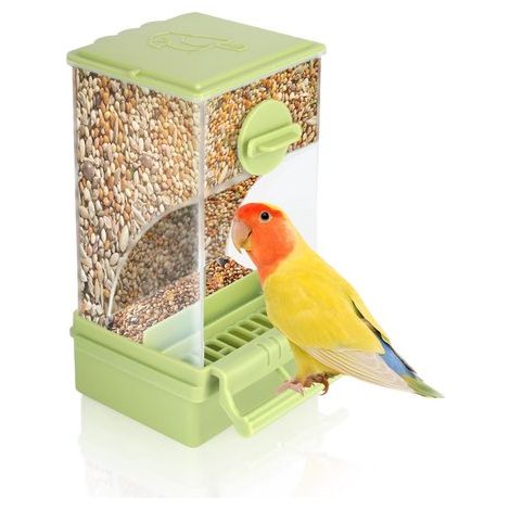 Mangeoire pour oiseaux de cage – Distributeur de graines transparent avec perchoir – Mangeoire automatique pour perruches, inséparables et petits oiseaux – 18 x 7,5 x 8,5 cm – Vert (1/5)