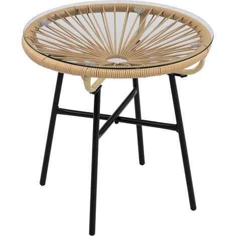 Table Bistrot Ronde 50x50x50cm - Style Rotin Noir & Beige - Pour Jardin, Terrasse, Balcon - Table d'Appoint Déco Extérieur (1/5)