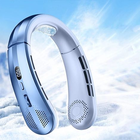 Ventilateur de cou sans pales d'été, chargement USB, affichage numérique, réglage de la vitesse du vent à 100 °- bleu (1/5)