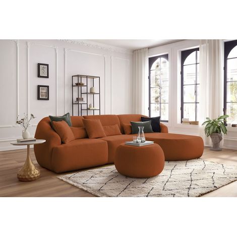 BOBOCHIC - Canapé d'angle fixe ALESIA tissu bouclette avec pouf Angle droit Orange (1/5)