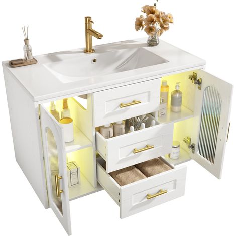 Meuble vasque mural Blanc- Avec Éclairage LED- 2 tiroirs & 2 compartiments- Étagères réglables- Sans robinet- 76×46×55cm (1/5)
