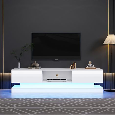 Moderner, glänzender LED-TV-Schrank 160 x 35 x 40,5 cm, elegante TV-Kommode mit 2 Schubladen, App-Steuerung, Kippschutz, weiß