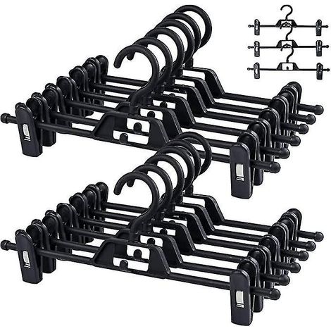 10er-Pack schwarze Kunststoff-Kleiderbügel für Hosen und Röcke mit stabilen, rutschfesten und verstellbaren Clips, platzsparende Rockbügel mit 360°-Haken, Kleiderbügel für Röcke, Jea (1/5)