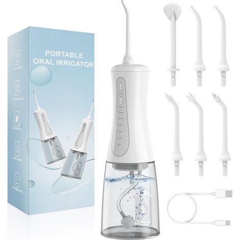 Douche Jet Dentaire Hydropulseur, Irrigateur Oral 5 Modes et 6 Buses Étanche IPX7 Detartreur Dentaire Water Flosser pour le Nettoyage et les Soins Dentaires, à Utiliser à la Maison et en Voyage