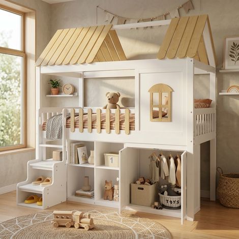 Lit mezzanine enfant 90x200 cm, avec armoire et escalier de rangement gain de place, en bois de pin massif, Blanc (1/5)