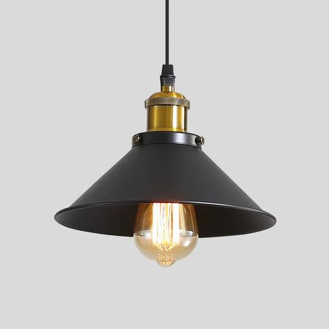 Lustre industriel, suspension rétro en métal, plafonnier, luminaire d'îlot, suspension sans ampoule, hauteur réglable, φ22 cm (noir et doré) (1/5)