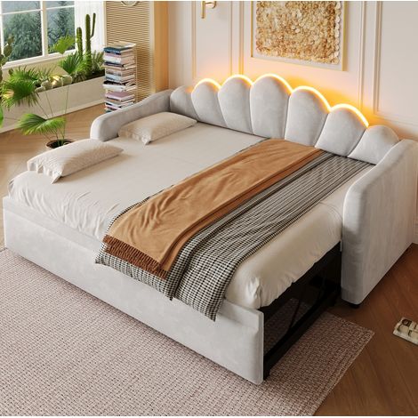 Lit banquette moderne en velours gris 90x200 cm avec lit gigogne extractible et tête de lit LED