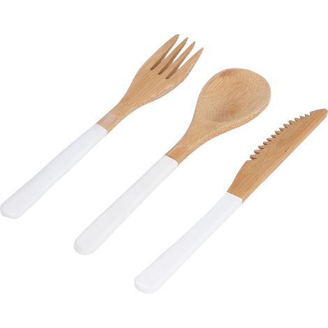 Ensemble de 3 couverts japonais en bois sans BPA, comprenant cuillères, fourchettes et couteaux, blanc. (1/5)