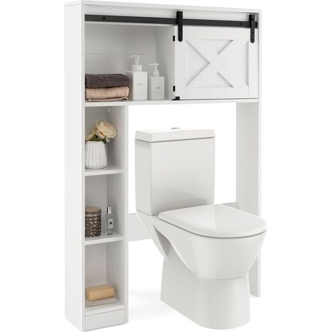 COSTWAY Mobile Salva Spazio Sopra WC, Organizzatore del Bagno in Legno con Porta e 3 Ripiani di Stoccaggio, per Bagno Lavanderia, 84x17x128 cm (Bianco) (1/5)