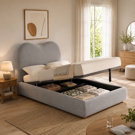 Cama tapizada, cama individual, cama infantil 90 x 200cm, cama funcional hidráulica, cama con somier, cabecero y gran almacenamiento, cabecero tapizado, lino, gris (1/5)