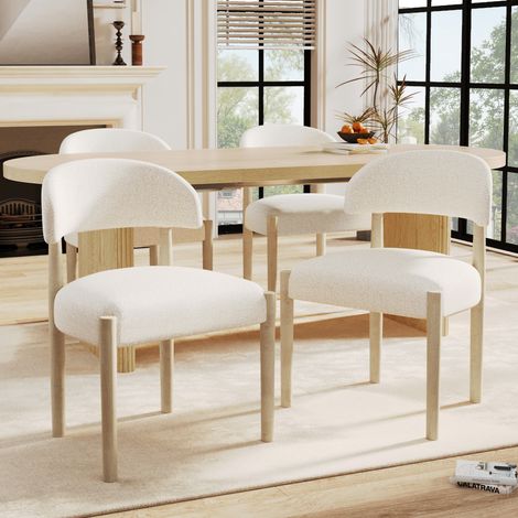 Lote de 4 sillas de comedor en madera maciza con tela bouclé natural (1/5)