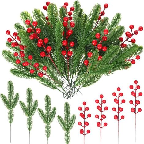 50pcs Artificial Pine Needle Branches and Artificial Red Berry Stems, Artificial Greenery Plant Picks, Red Christmas Berries YMYNY (1/4)