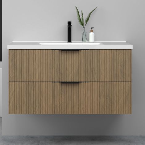 Meuble de salle de bain suspendu Strié 100cm avec poignées + simple vasque + 2 tiroirs, Noyer (1/5)