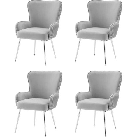 Juego de 4 sillas de comedor en terciopelo, silla en terciopelo con patas de metal plateado y reposabrazos, gris (1/5)
