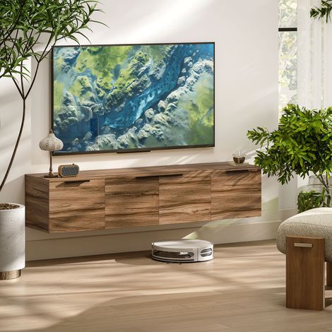 Meuble TV suspendu meuble télé pour téléviseur jusqu'à 65 pouces avec 3 placards à portes, 150 x 35 x 32 cm, marron (1/5)